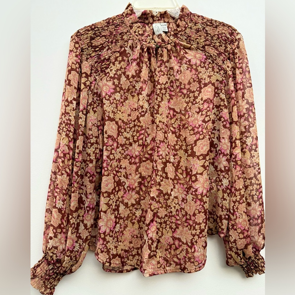 Joie Fall Colored Print Blouse - Burgundy, Pink, & Tan with Ruffled Accents